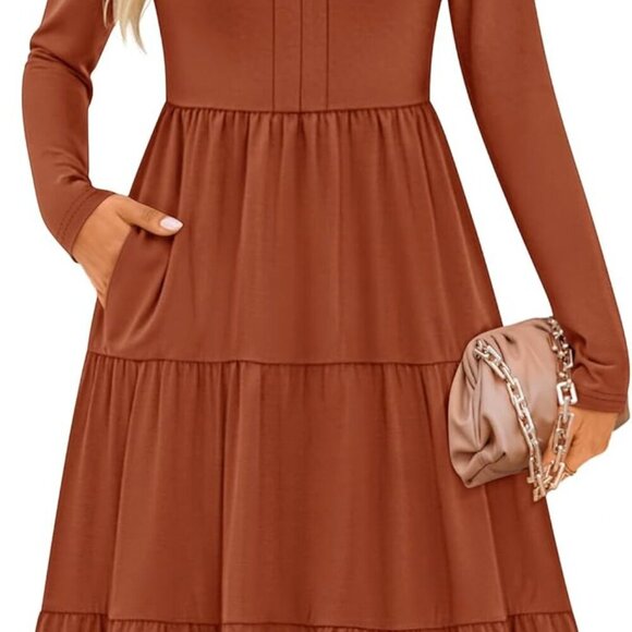 Dresses & Skirts - Women's Long Sleeve Fall Dress V Neck Ruffle A Line Tiered Midi Casual